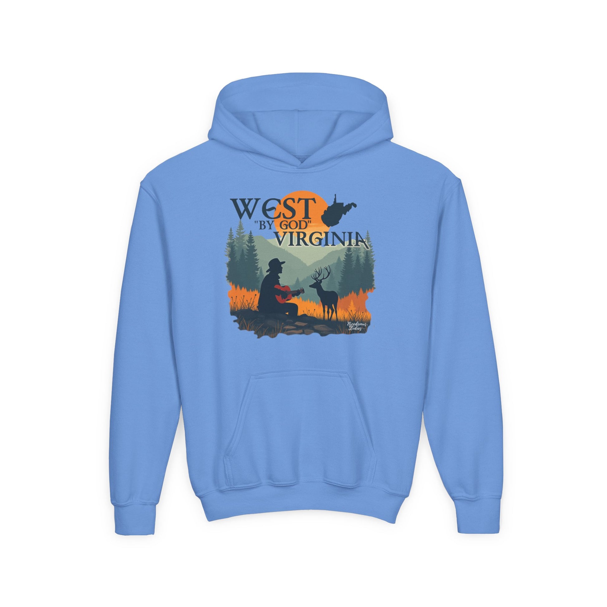 Youth Cozy Hoodie | "West By God Virginia" by Nicodemus Studios-S-Carolina Blue-Nicodemus Studios